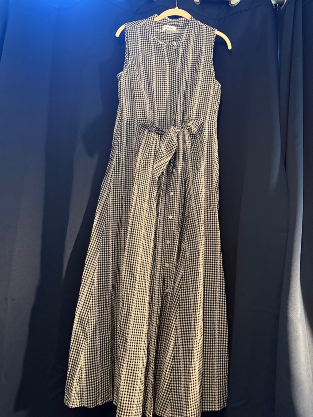 Sleeveless Black & White Gingham Button-Front Maxi Dress with Waist Tie
